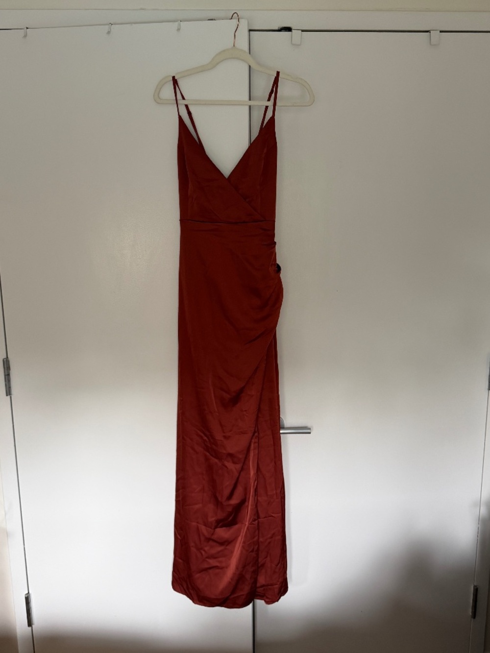 Elegant Rust Orange Satin Surplice Tulip Maxi Dress